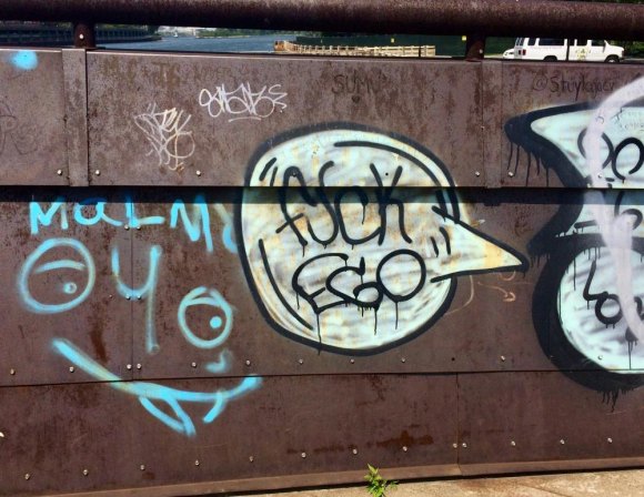 RIOC Challenged by Graffiti, Some Racist and Obscene, on Roosevelt Island In full view on the West Promenade, for all ages.